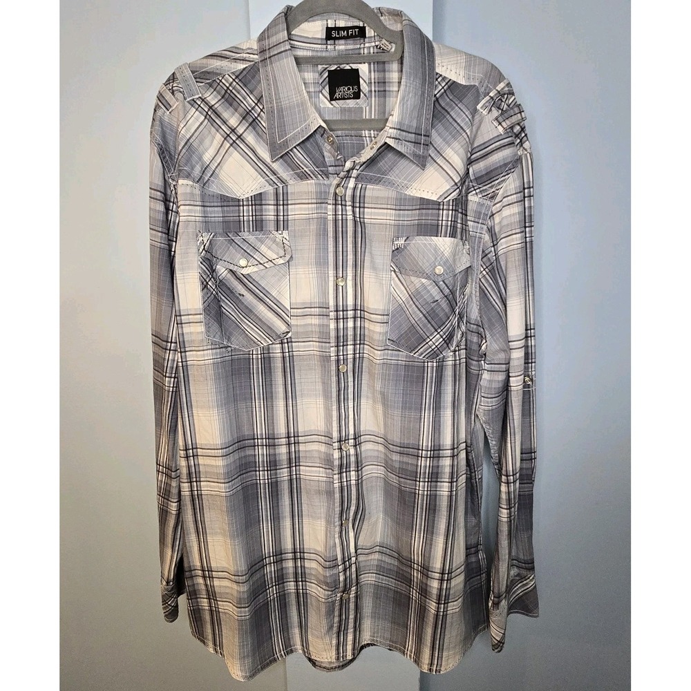 Various Artists Mens XXL‎ White Black Plaid Long Sleeve Pearl Snap Shirt